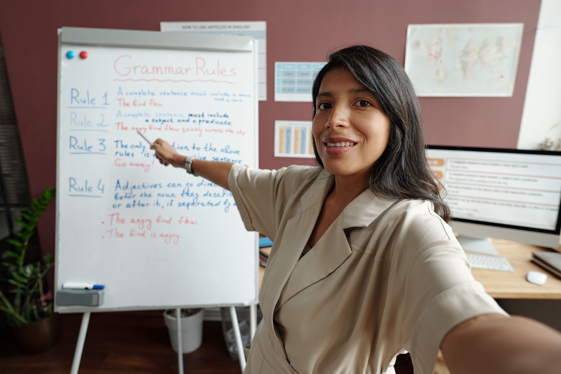 Pointing at board with grammar rules